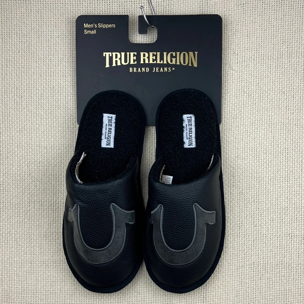 True Religion Horseshoe Slippers Black Faux Leather NWT